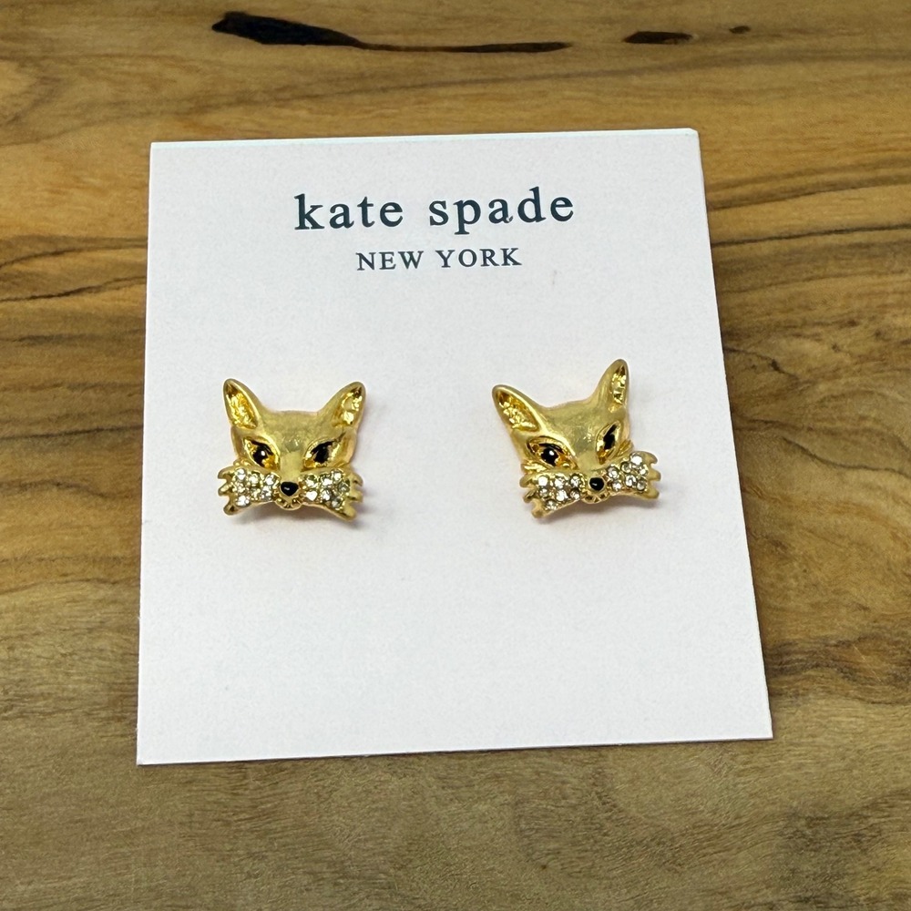 Kate Spade Fox Stud Earrings Gold Tone Crystal Pave Whimsical Animal Cottagecore